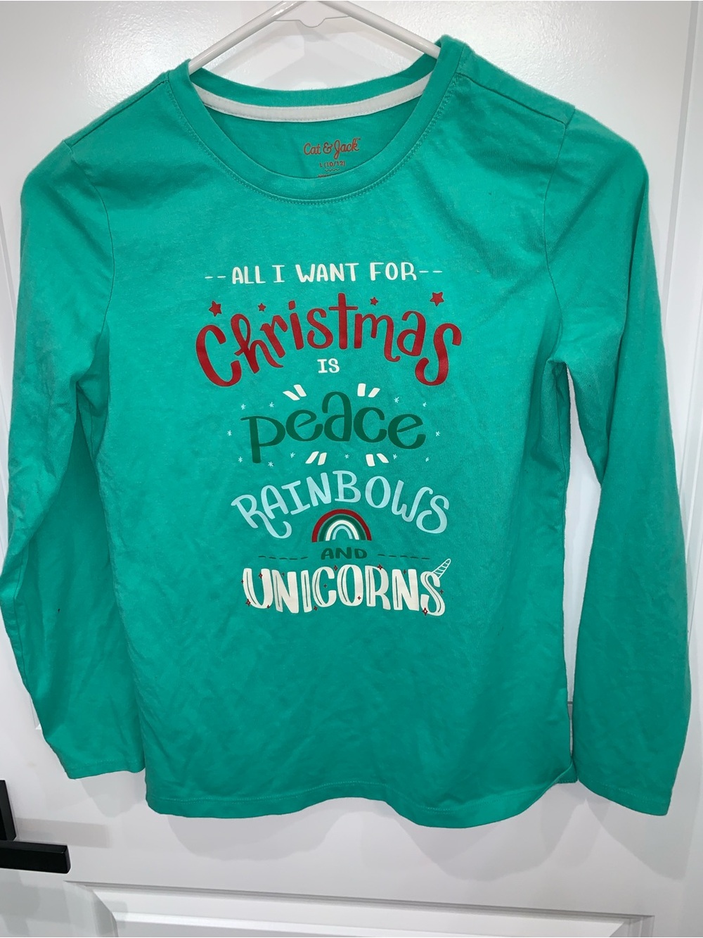 Cat & Jack Girls' Teal Long Sleeve Graphic Tee - Red/White/Green Accents